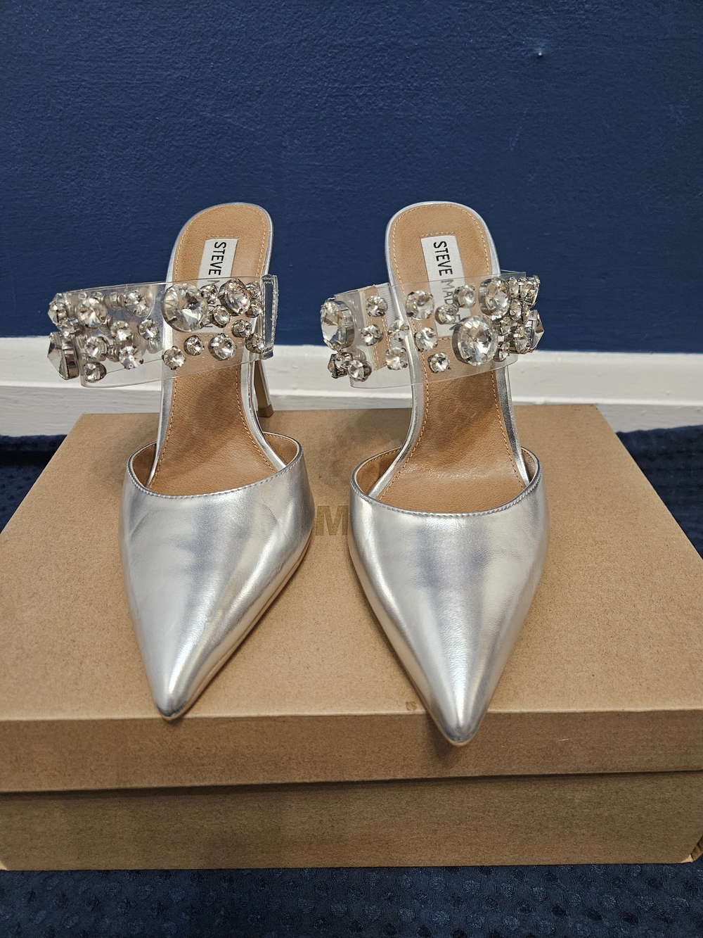 Steve Madden Silver Jeweled Pointed Mules